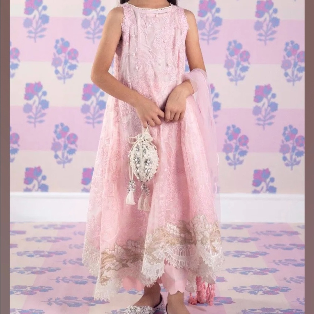 Girls Pink Lace Party Dress with Embroidered Hem